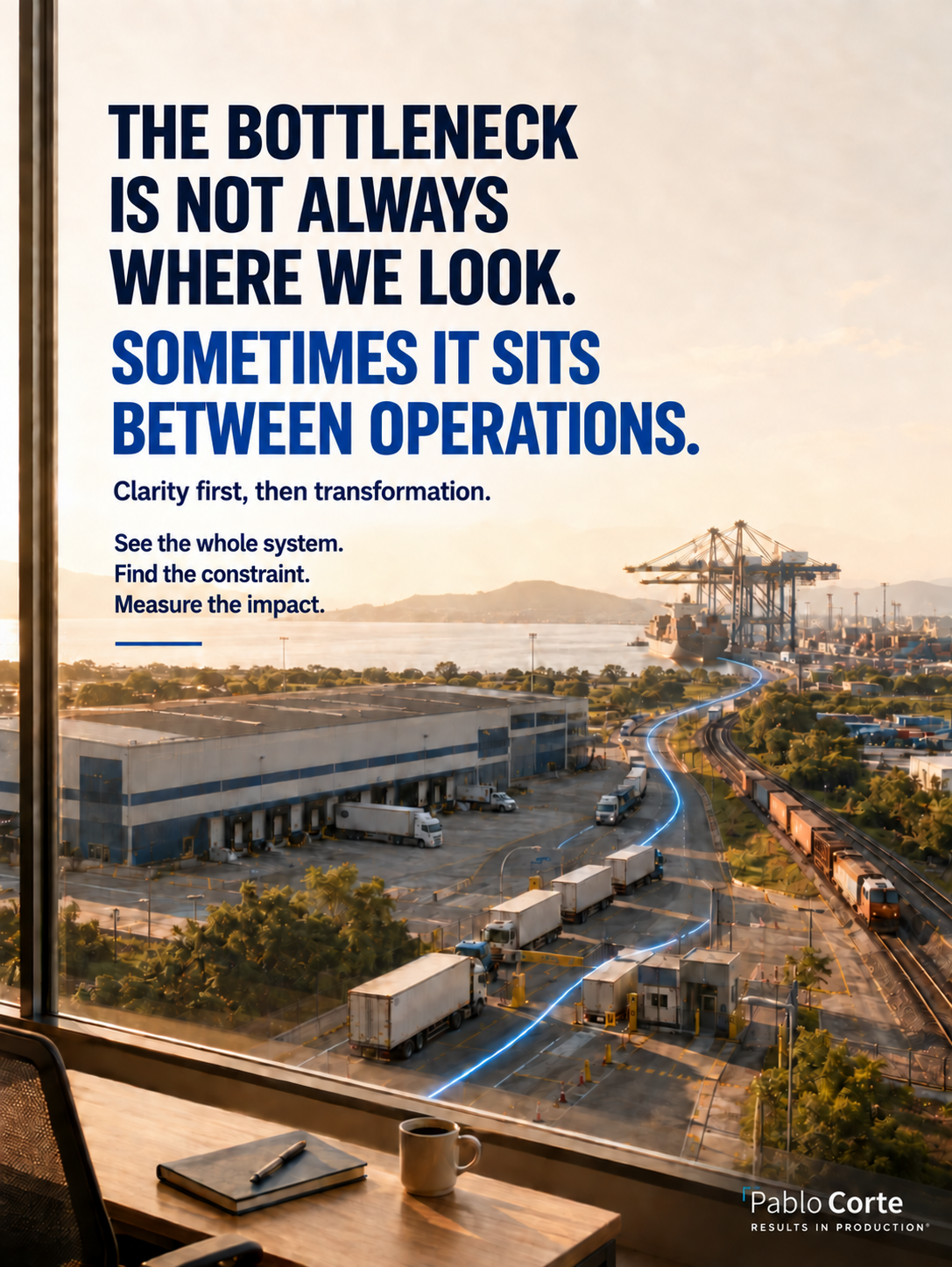 An end-to-end logistics flow links a warehouse, roads, rail and a port, viewed from an executive office.