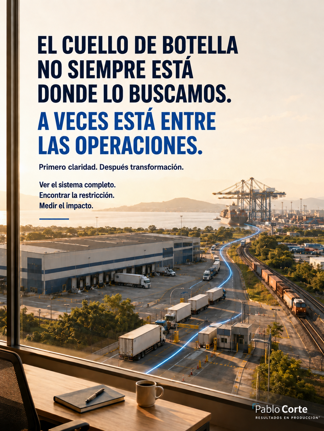 Un flujo logístico de punta a punta conecta bodega, carreteras, ferrocarril y puerto visto desde una oficina ejecutiva.