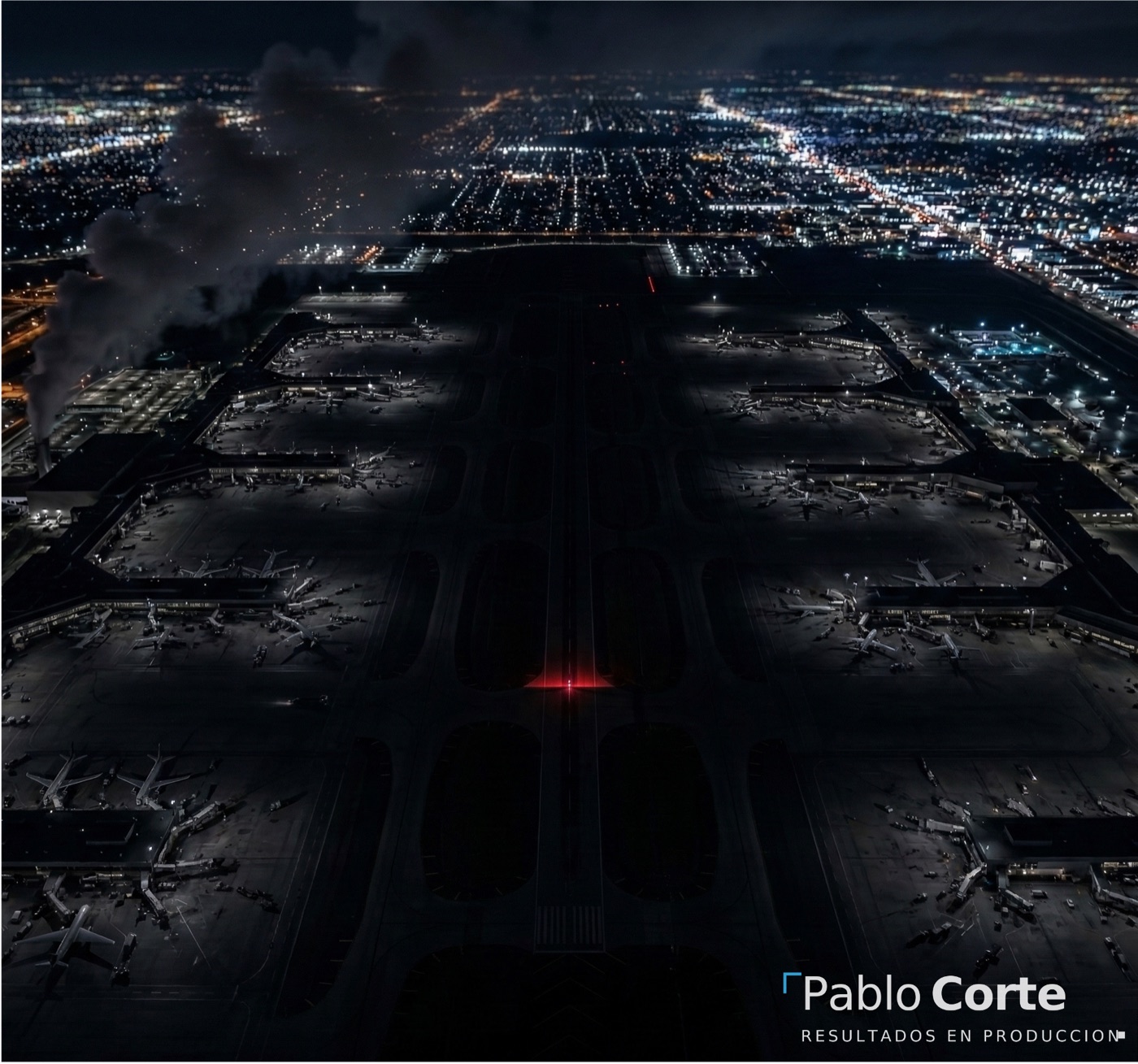 Vista aérea nocturna del aeropuerto de Heathrow con una zona central apagada.