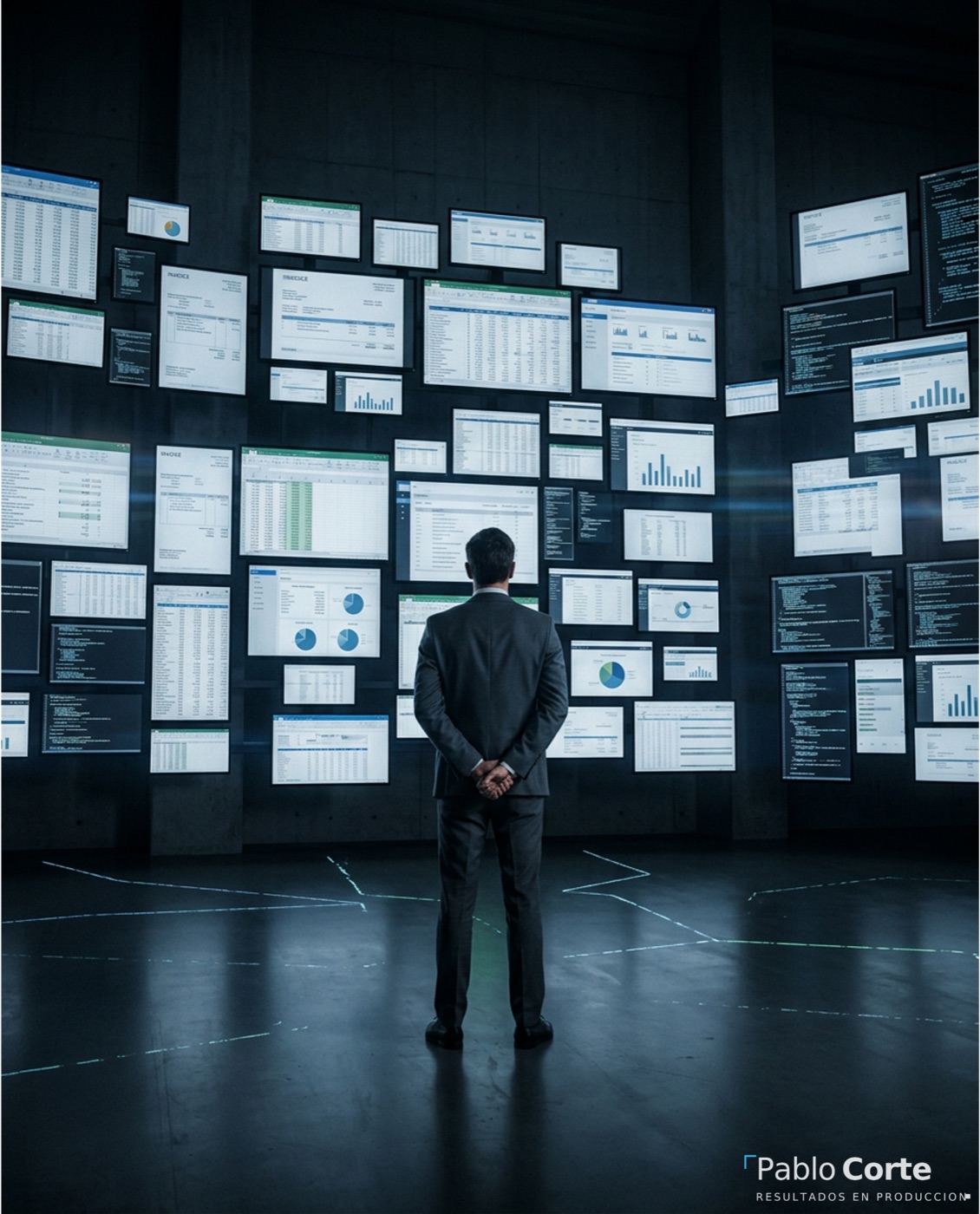 Un ejecutivo observa múltiples pantallas con datos, sistemas y flujos operacionales.